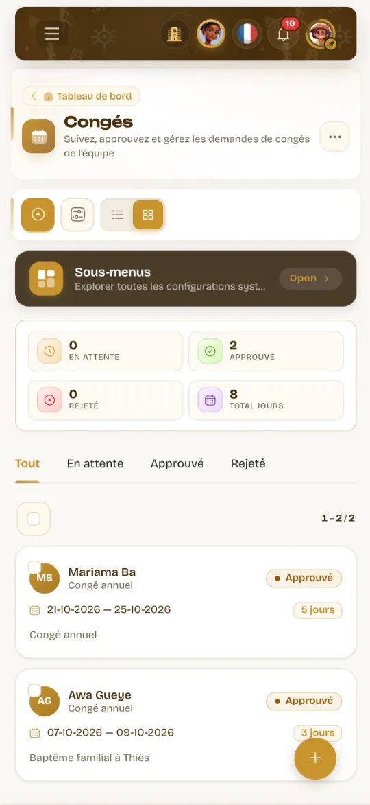 Les congés Wurus sur un téléphone : en attente, approuvé, rejeté, total des jours et deux demandes approuvées avec leurs dates