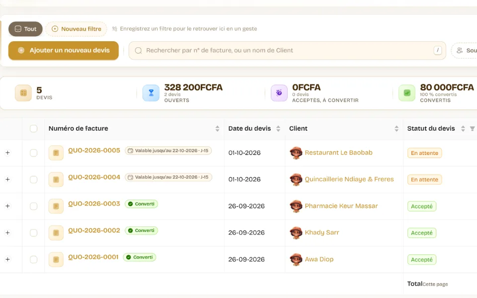 Gros plan de la liste des devis : ouverts, convertis, validité et statuts