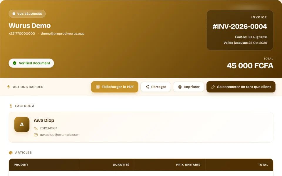Gros plan d’une facture en ligne : document vérifié, télécharger le PDF, partager, imprimer