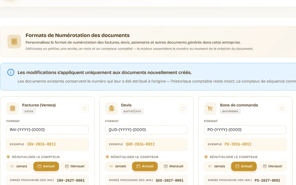 Gros plan des formats de numérotation : factures, devis, bons de commande et avoirs