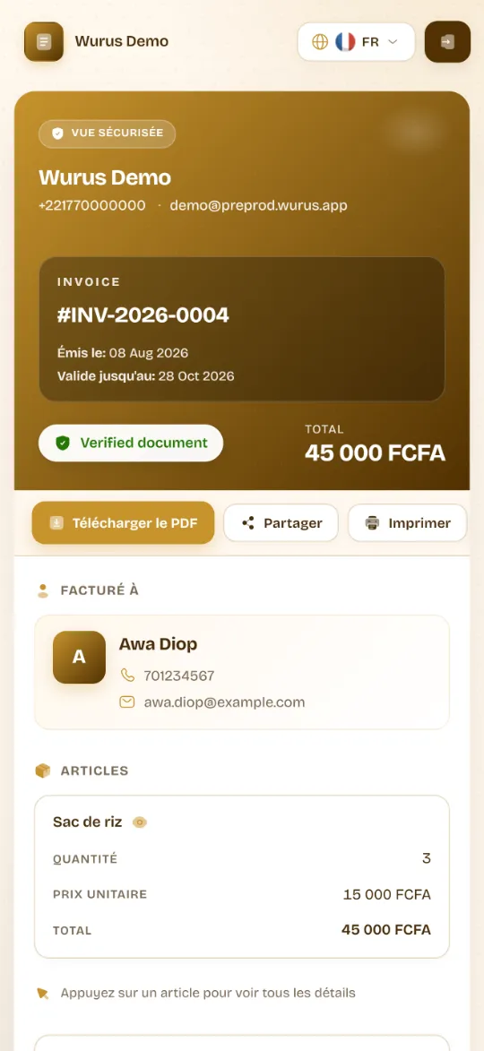 Une facture Wurus ouverte sur un téléphone : document vérifié, total, télécharger le PDF, partager, imprimer