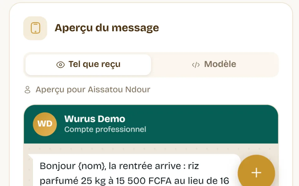 Gros plan de l’aperçu du message tel que reçu sur WhatsApp, calculé pour une vraie cliente