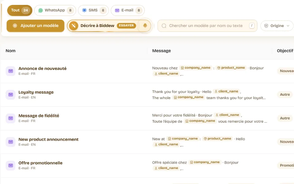 Gros plan des modèles : filtres par canal, décrire à Biddew, et messages avec leurs variables