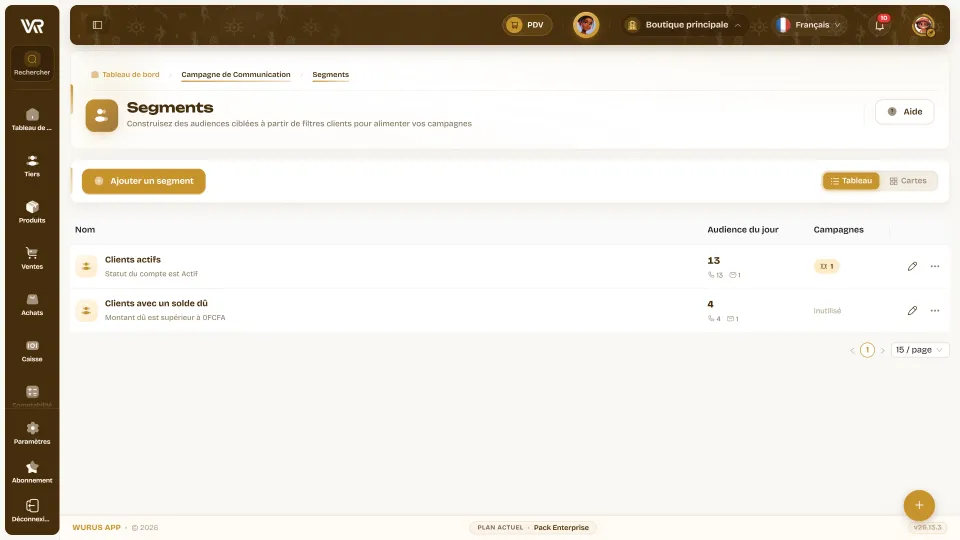 Segments Wurus : clients actifs, clients avec un solde dû, audience du jour par canal et campagnes