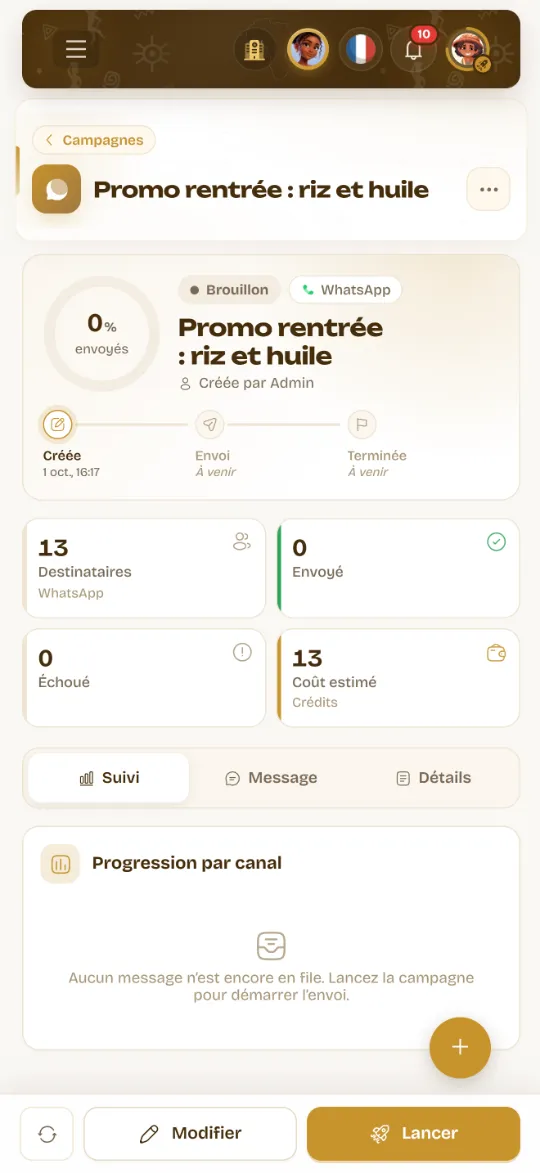 Une campagne WhatsApp Wurus sur un téléphone : étapes, destinataires, envoyés, échoués, coût estimé et bouton Lancer
