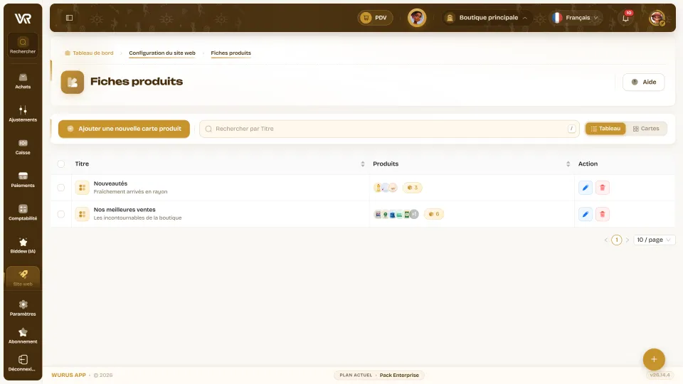 Écran des fiches produits de la vitrine dans Wurus : nouveautés, meilleures ventes et leurs produits