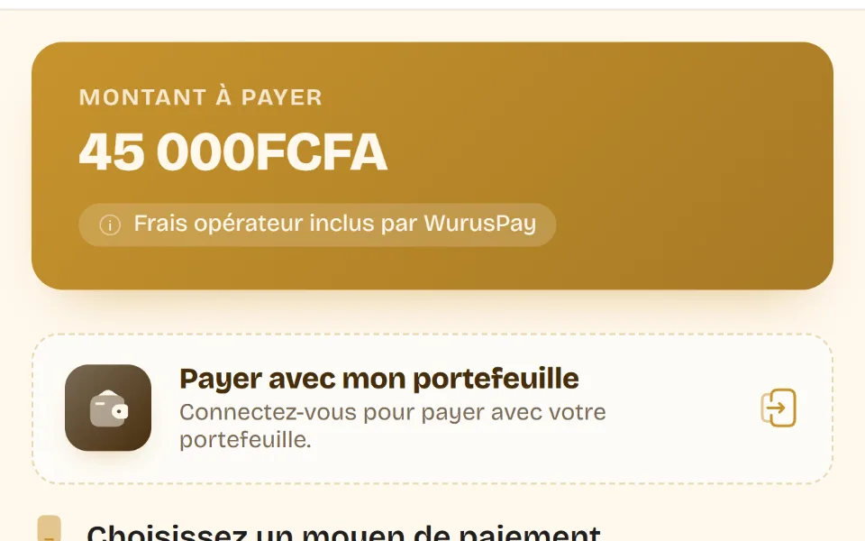 Gros plan de la page de paiement : montant, portefeuille, Wave et Orange Money