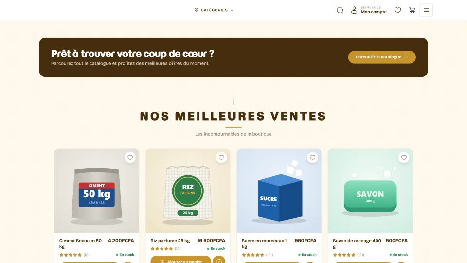 Vitrine en ligne Wurus : bannière, meilleures ventes, cartes produits avec prix et disponibilité