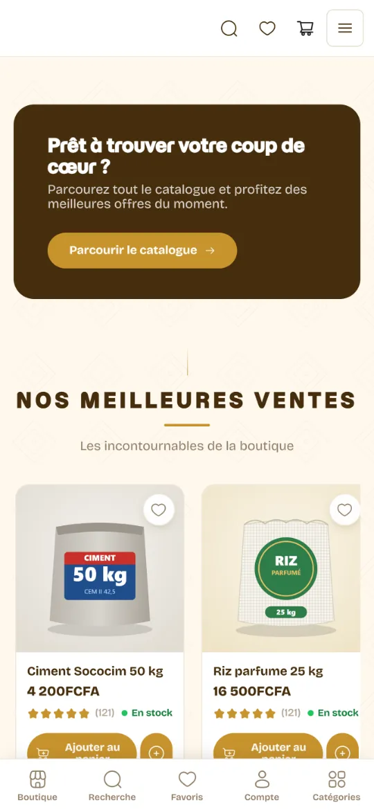 La vitrine Wurus sur un téléphone : bannière, meilleures ventes, ajout au panier et navigation en bas
