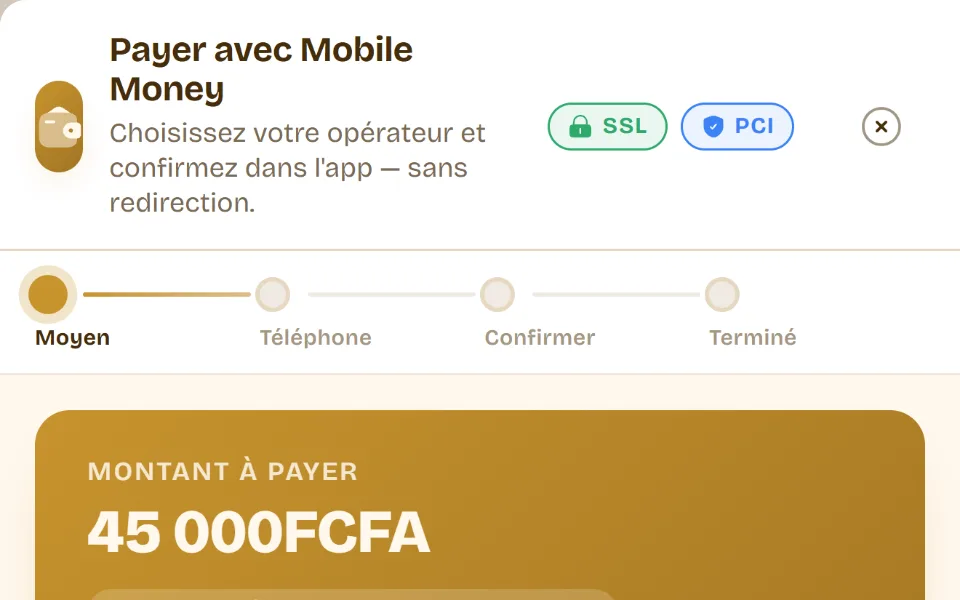 Gros plan du haut de la page de paiement : montant à payer et portefeuille du client
