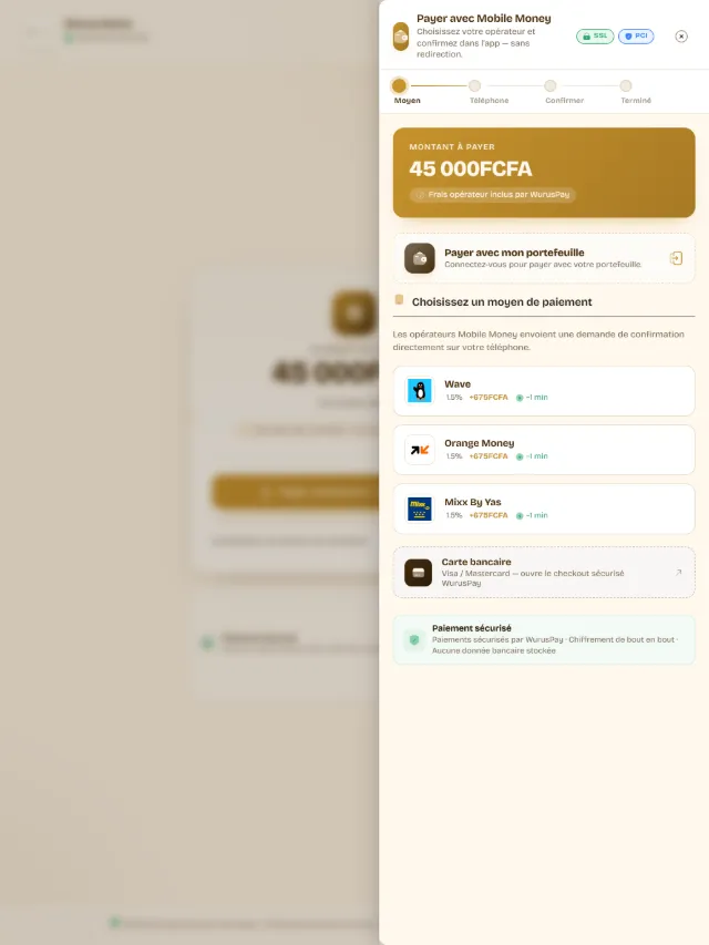 Une facture ouverte sur une tablette, avec le volet de paiement mobile money par-dessus