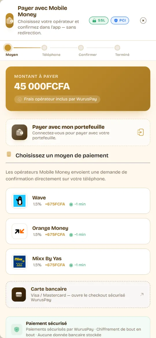 Page de paiement Wurus sur un téléphone : montant à payer, portefeuille, Wave, Orange Money, Mixx by Yas, carte bancaire