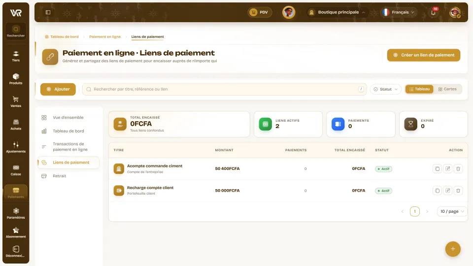 Liste des liens de paiement Wurus : acompte, recharge de compte client, montants et statuts