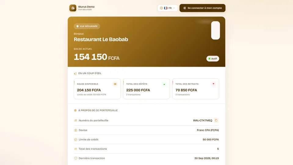 Portefeuille client en ligne : solde actuel, solde disponible, dépôts, retraits et limite de crédit