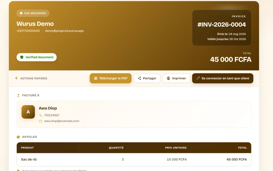 Gros plan du document que reçoit le client : vérifié, à télécharger, partager ou imprimer