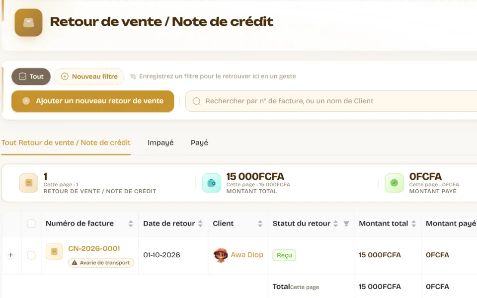 Gros plan des retours de vente : une note de crédit, son montant et son statut