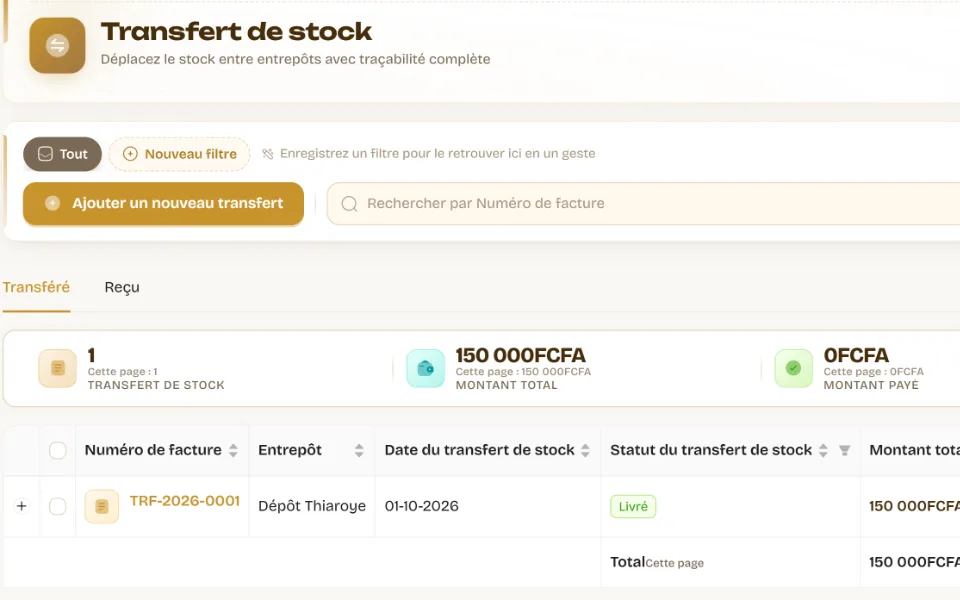 Gros plan d’un transfert de stock entre deux dépôts