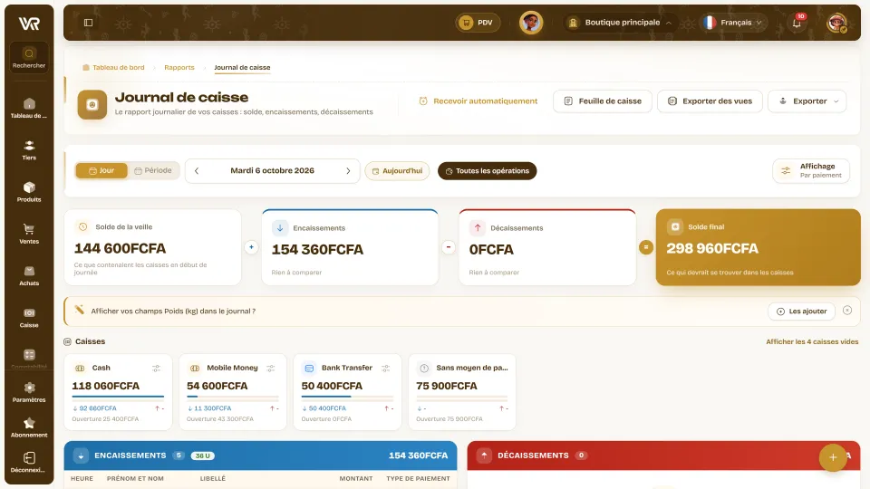 Journal de caisse Wurus : solde de la veille, encaissements, décaissements, solde final et une caisse par moyen de paiement