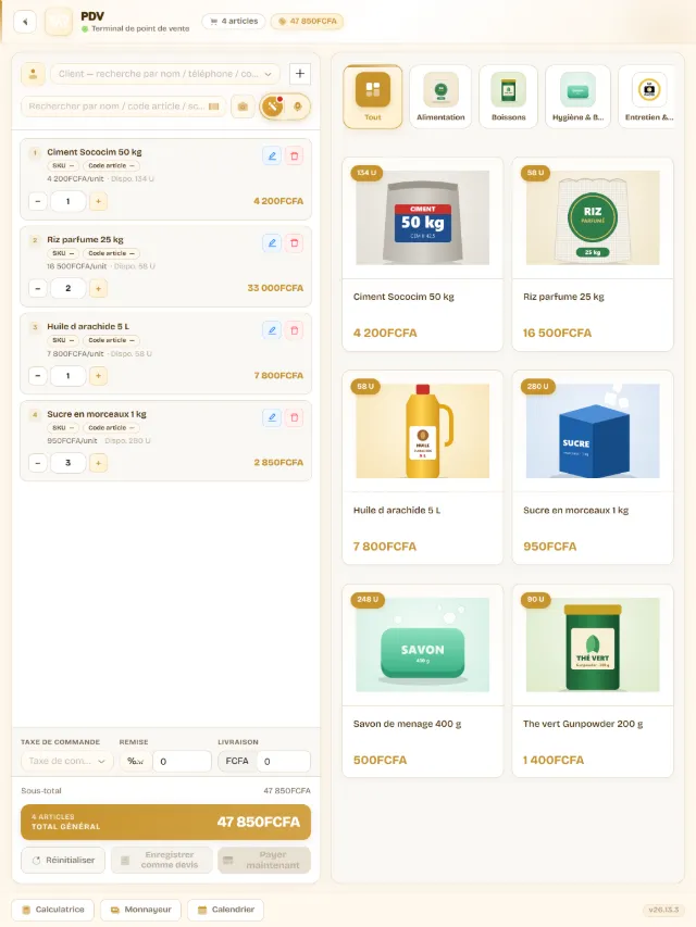 La caisse Wurus sur une tablette : panier de quatre articles, cartes produits avec leur stock et total général
