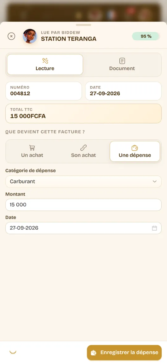 Facture fournisseur lue par Biddew sur un téléphone : numéro, date, total TTC et le choix un achat, son achat ou une dépense