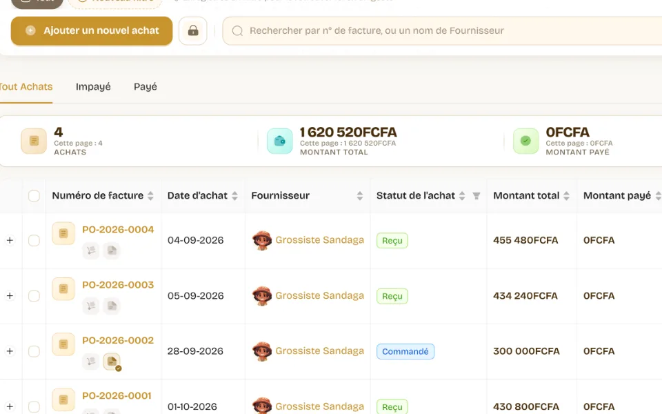 Gros plan de la liste des achats : numéros, fournisseur, statut Commandé ou Reçu, montants