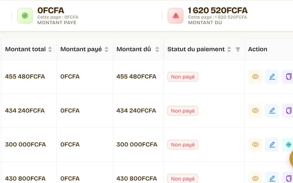 Gros plan de la liste des achats : montant payé, montant dû et statut du paiement