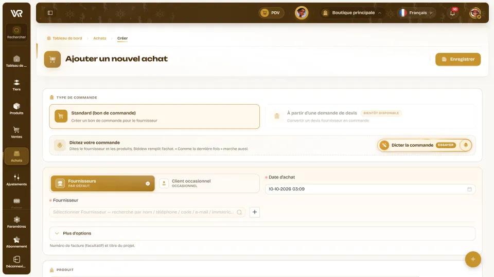 Formulaire de nouvel achat : bon de commande standard, dictée de la commande à Biddew, choix du fournisseur et date d’achat