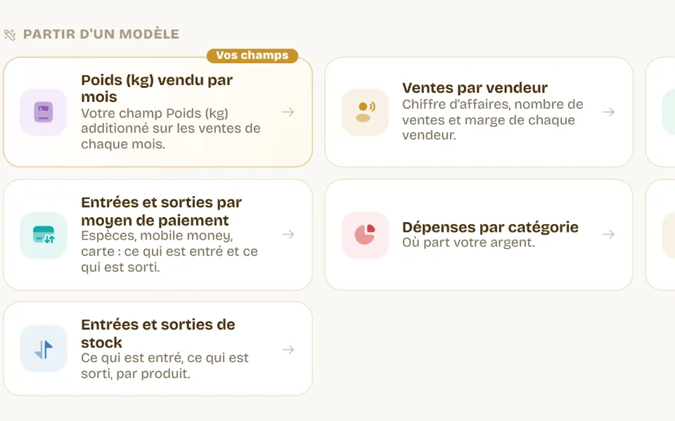 Gros plan des modèles du concepteur de rapports : ventes par vendeur, chiffre d’affaires par mois, dépenses par catégorie