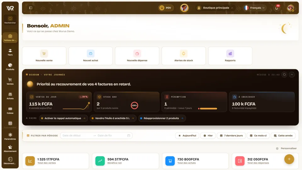 Tableau de bord Wurus : actions rapides, résumé de la journée par Biddew, ventes du jour, stock bas, péremption, à encaisser et chiffres de la période