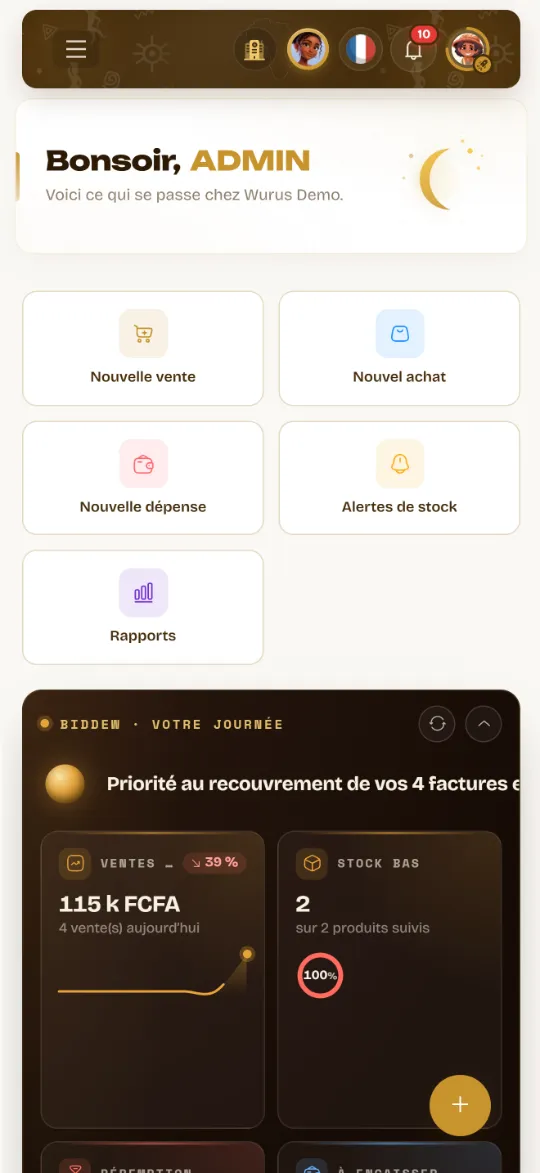 Le tableau de bord Wurus sur un téléphone : actions rapides, résumé de Biddew, ventes du jour et stock bas
