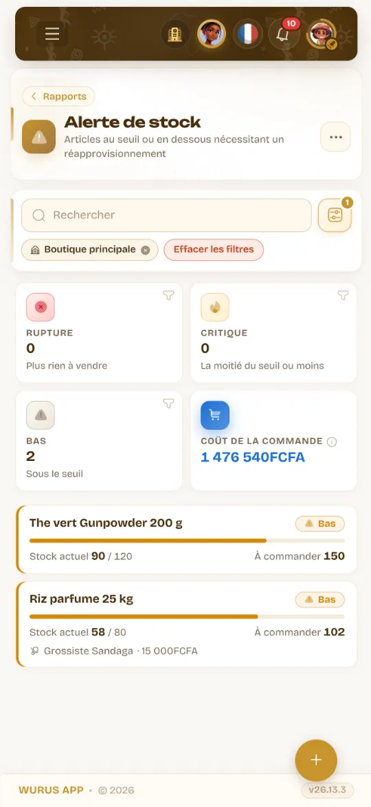 Alertes de stock sur un téléphone : rupture, critique, bas, coût de la commande, quantités à commander et dernier fournisseur
