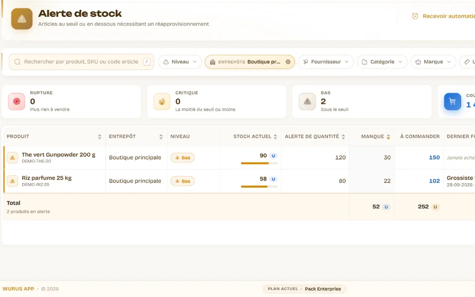 Gros plan des alertes de stock : rupture, critique, bas, manque et quantité à commander