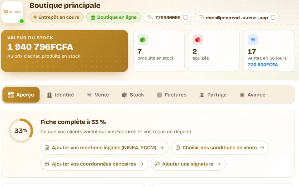 Gros plan de la fiche d’un entrepôt : valeur du stock, produits en stock, épuisés et ventes sur 30 jours