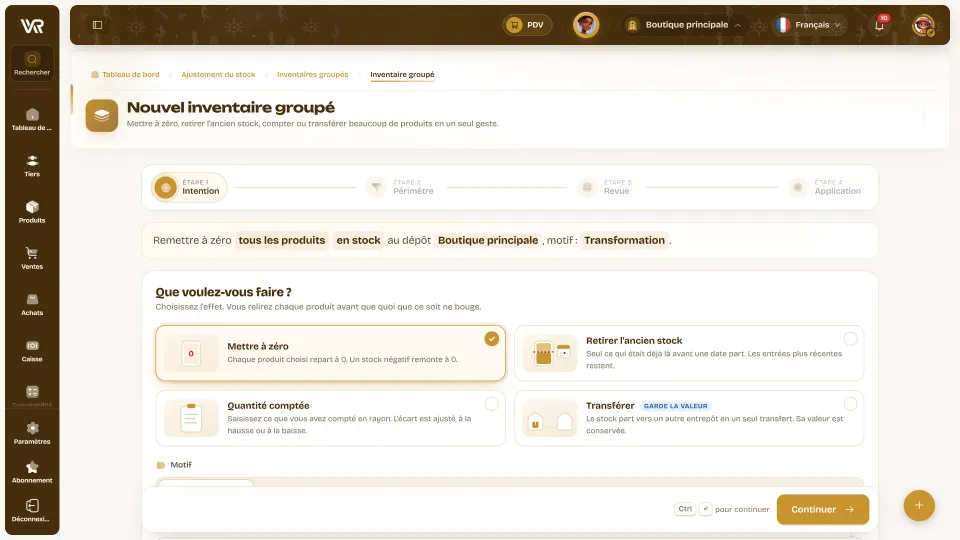 Nouvel inventaire groupé : quatre étapes, la phrase qui résume l’opération, et les choix mettre à zéro, retirer l’ancien stock, quantité comptée, transférer