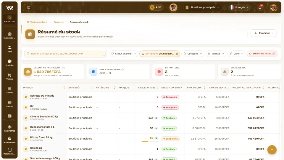 Résumé du stock Wurus : valeur au prix d’achat, stock disponible, ruptures, produits sous alerte et statut de chaque produit