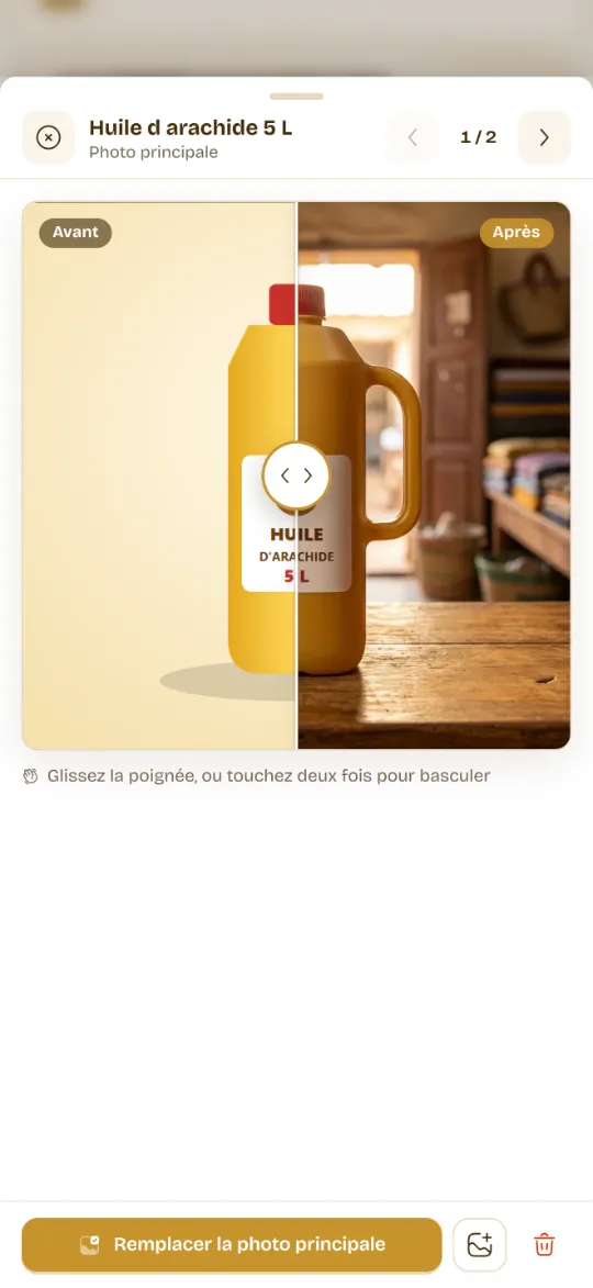 Le Studio photo IA sur un téléphone : avant, après, la poignée et le bouton pour remplacer la photo principale